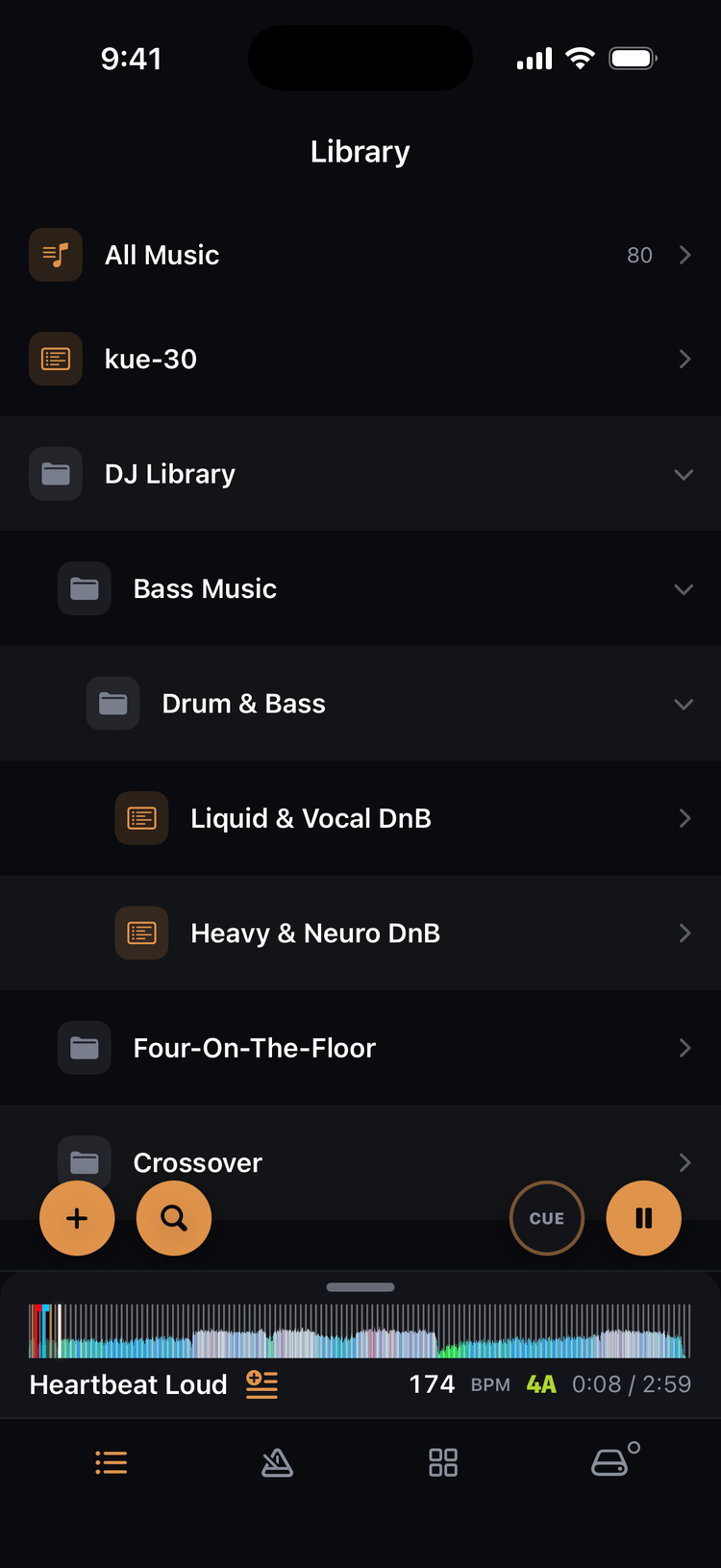 Library folders and playlists with a track playing