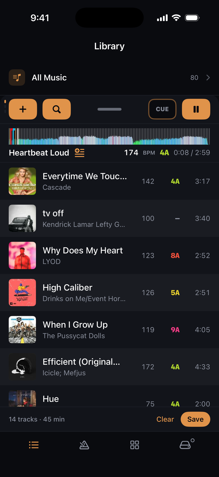 Track queue at full height with artwork, BPM and key columns
