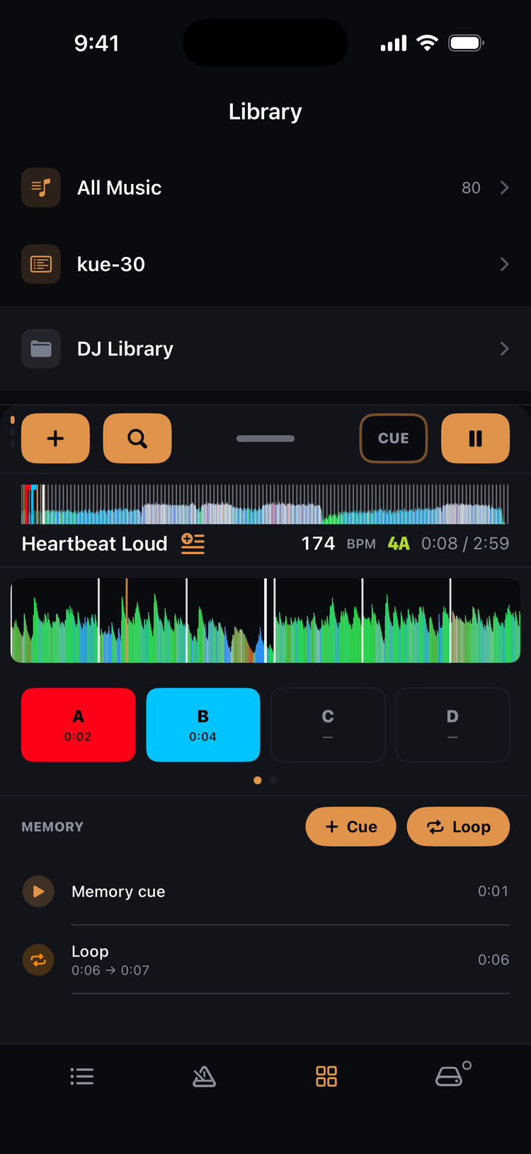 Hot cues and memory cues over the track waveform