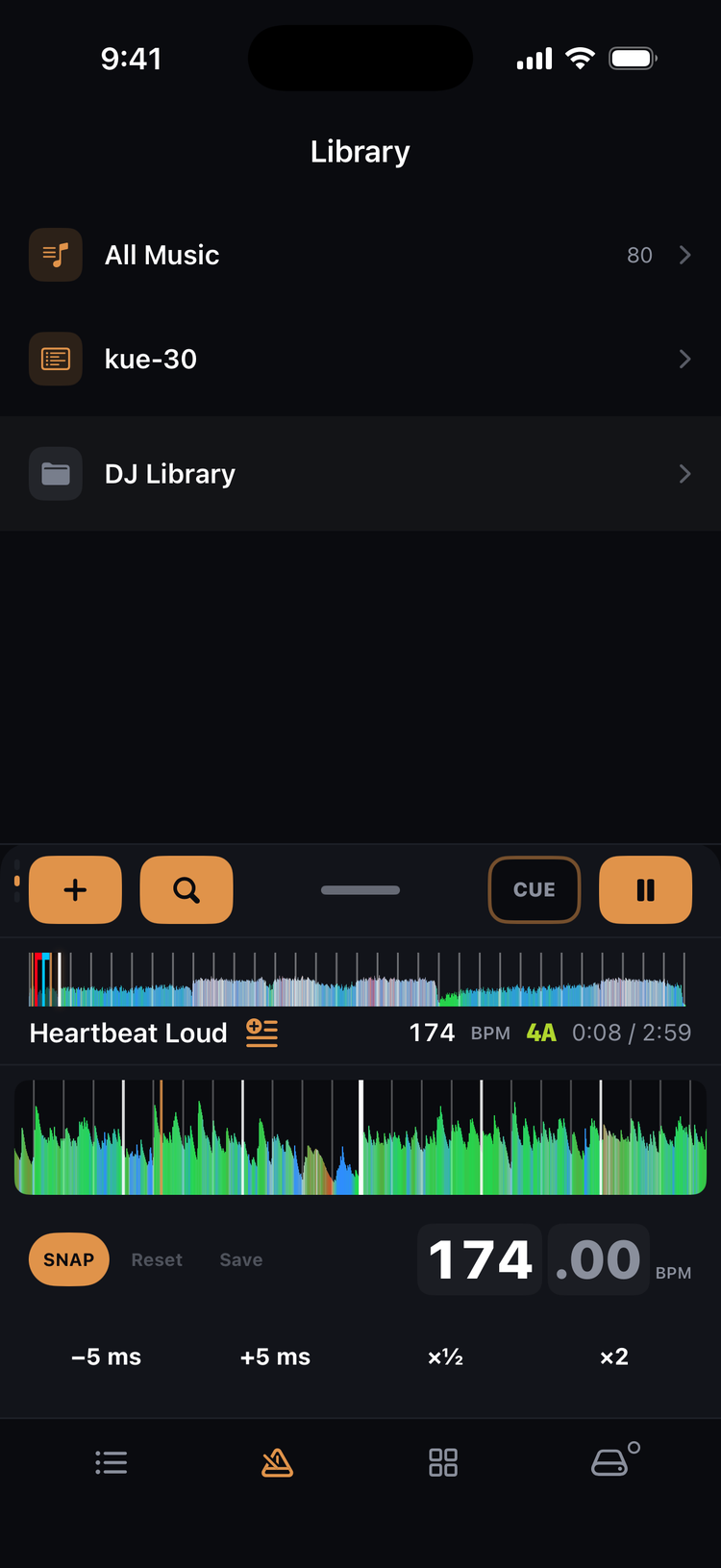 Beatgrid editor with BPM readout and snap and nudge controls