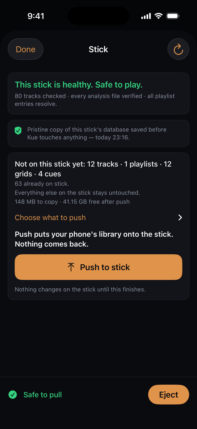 Stick page: Kue never writes anything until you tap Push